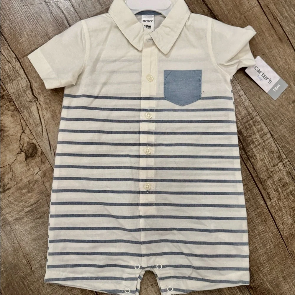 NWT Carter’s Baby Boy Striped Cotton Button Front Romper‎ 18M